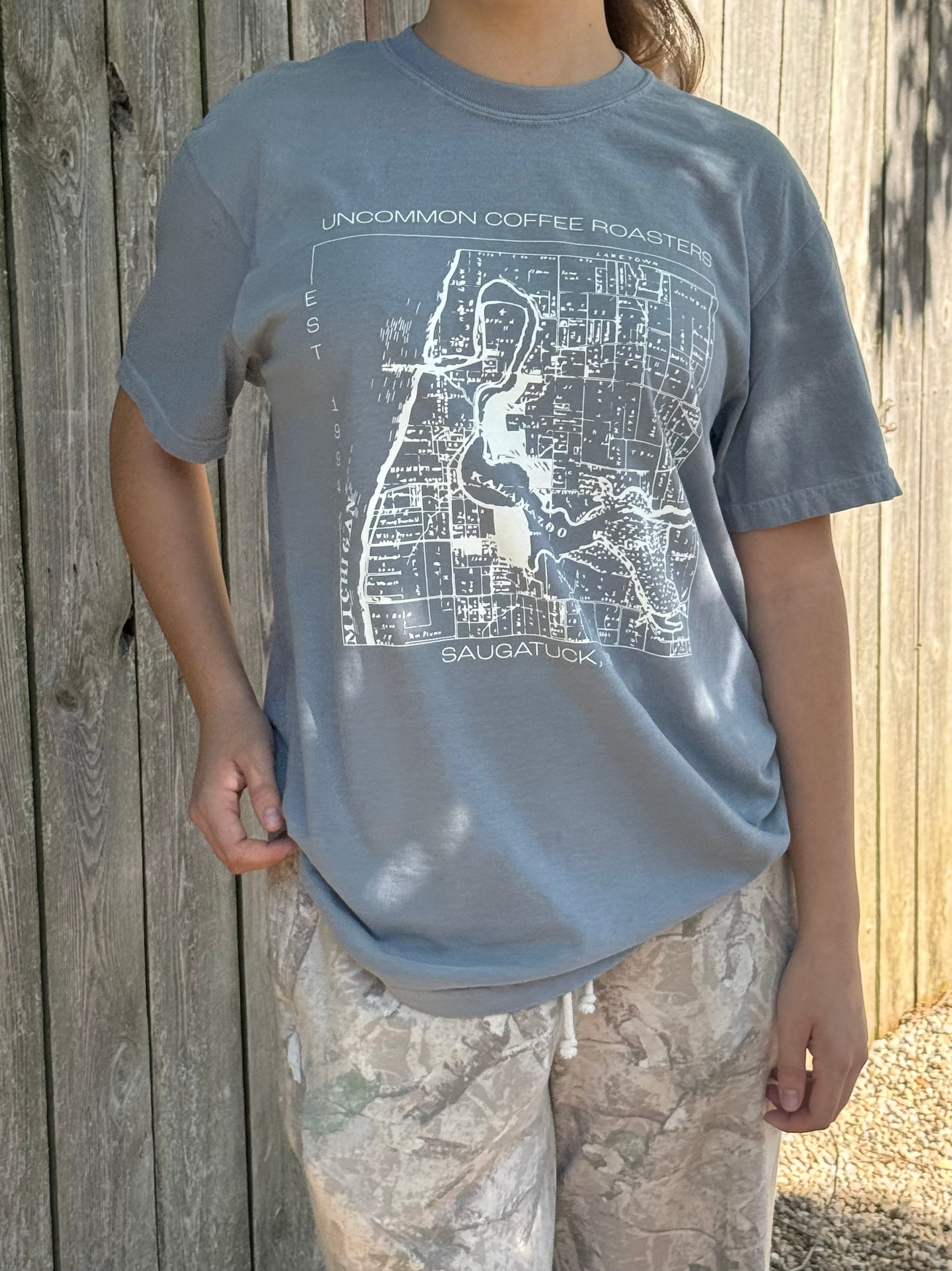 Uncommon Coffee Roasters Saugatuck Map shirt: Grey